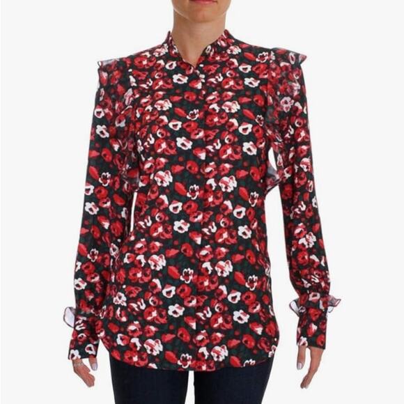Lauren Ralph Lauren Ruffle Top Roses Print Button Down Long Sleeve Size Petite M - Picture 2 of 12